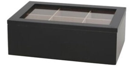 Theedoos 6 vaks van zwart hout met doorzichtig deksel, 16 x 24 x 8 cm