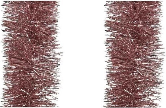 Decoris kerstslingers oud roze 10 cm breed, set van 3 lametta slingers van 270 cm