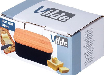 Vilde botervlootje met deksel, zwart staal en bamboe, 15 x 10 x 7,5 cm