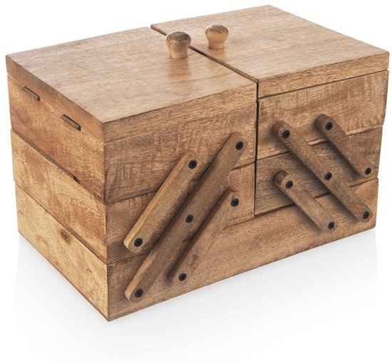 Orion houten naaikist van mangohout, uitklapbaar met 5 vakken, 30,5 x 18 x 21 cm