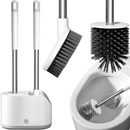 Wc borstel met houder, siliconen en hoekborstel, wit en zilver
