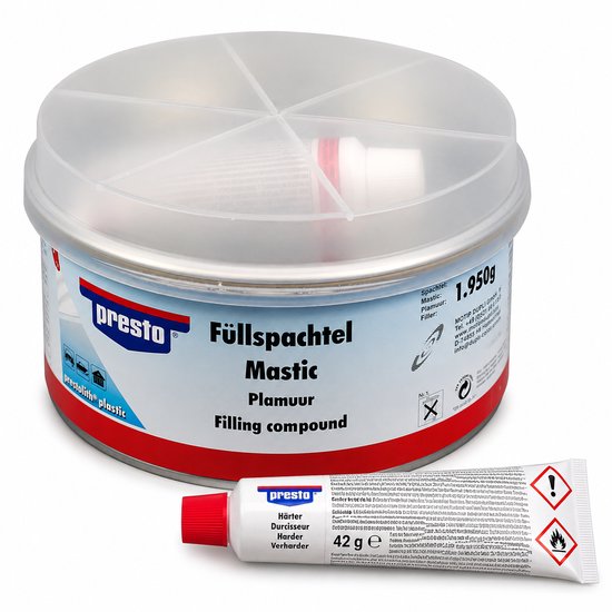 Polyester plamuur 2-componenten 2 kg met tube verharder voor metaal, hout en beton