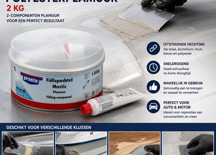 Polyester plamuur 2-componenten 2 kg met tube verharder voor metaal, hout en beton