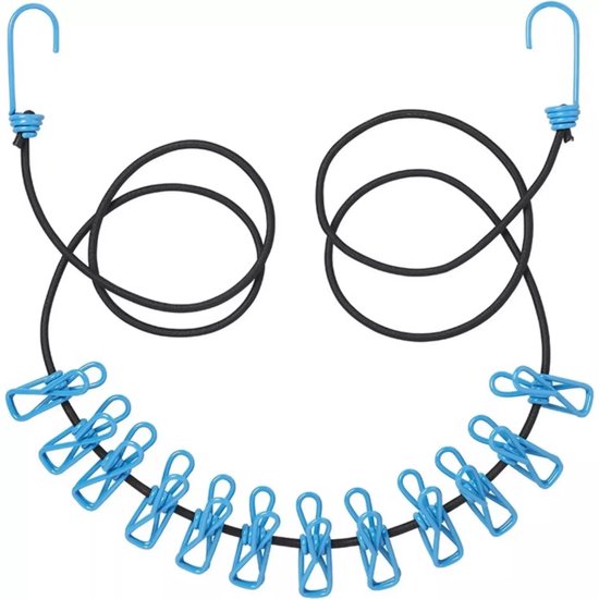 Benson elastische waslijn met 12 knijpers, 1,9 tot 3,2 m, zwart en blauw
