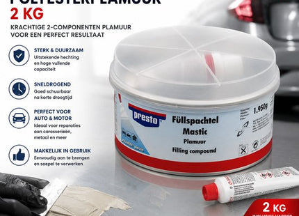Polyester plamuur 2-componenten 2 kg met tube verharder voor metaal, hout en beton
