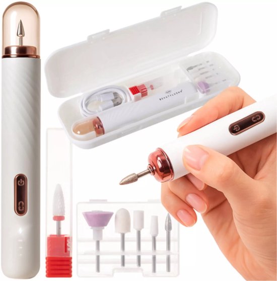 Draadloze nagelfrees voor manicure en pedicure met 6 frezen en opbergcase, wit