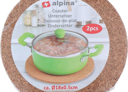 Alpina - Onderzetters - 2 Stuks - Kurk - Ø18x0,5cm - Bruin - MBDeals.nl