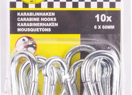 Benson karabijnhaak 6 x 60 mm van zilverkleurig metaal, set van 10 stuks - MBDeals.nl
