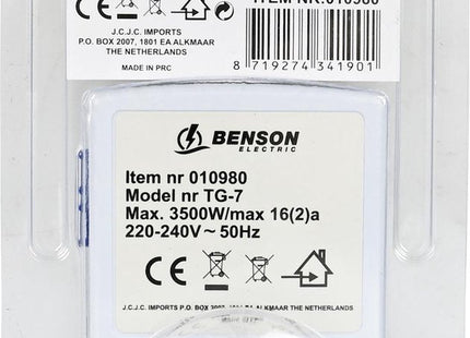 Benson - Mechanische Tijdklok - 96 Schakelingen Per Dag - Maximaal 3500 Watt - Kinderbeveiliging - MBDeals.nl