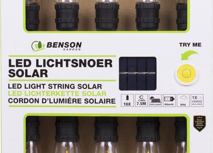 Benson – Solar Led Lichtsnoer – 7,5 Meter – 10 LED Lampen – Geschikt voor Binnen - en Buitengebruik - MBDeals.nl