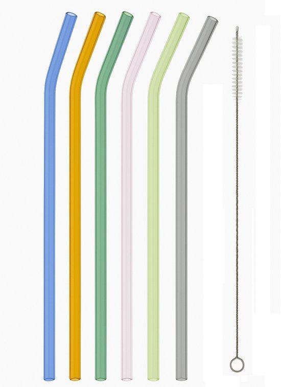 Chefware gekleurde glazen rietjes licht gebogen, 23 cm (6 stuks)