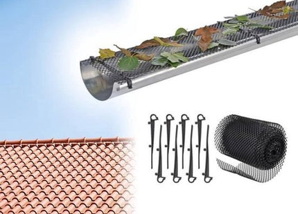 Dakgootbeschermer 6 meter flexibel gaas met 8 clips, 16 cm breed, zwart - MBDeals.nl