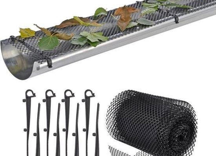 Dakgootbeschermer 6 meter flexibel gaas met 8 clips, 16 cm breed, zwart - MBDeals.nl