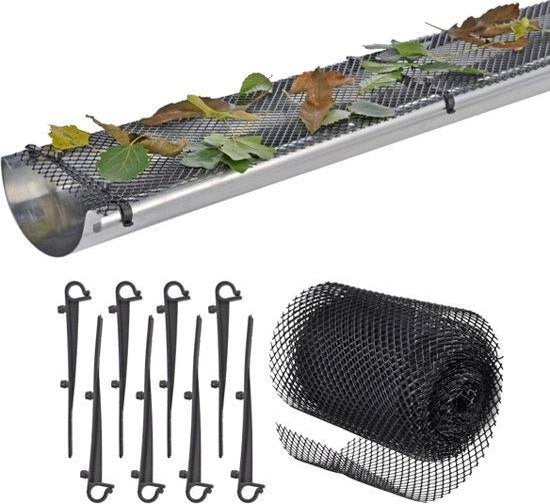 Dakgootbeschermer 6 meter flexibel gaas met 8 clips, 16 cm breed, zwart - MBDeals.nl