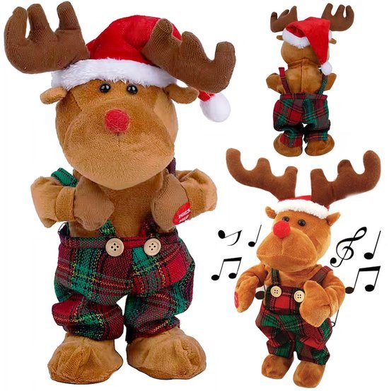 Dansend rendier dat een kerstliedje zingt, 32 cm hoog, op batterijen