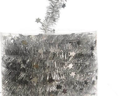 Decoris - Guirlande Lametta – Zilveren Glans – Met Sterren – 3,5 cm x 700 cm - MBDeals.nl