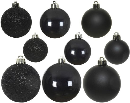 Decoris onbreekbare kerstballen zwart van 4, 5 en 6 cm, set van 30 stuks