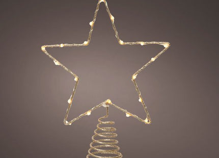 Decoris gouden kerstboompiek in sterrenvorm met led in warm wit, 27 cm