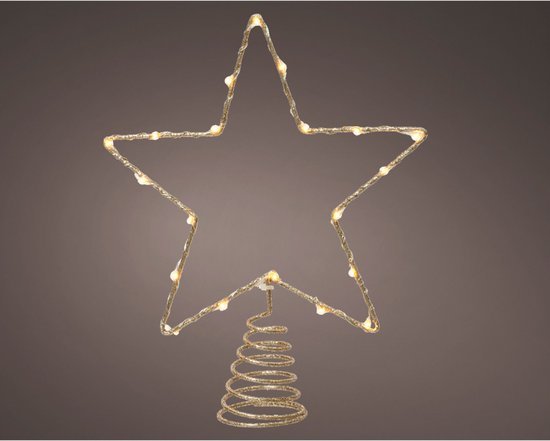 Decoris gouden kerstboompiek in sterrenvorm met led in warm wit, 27 cm