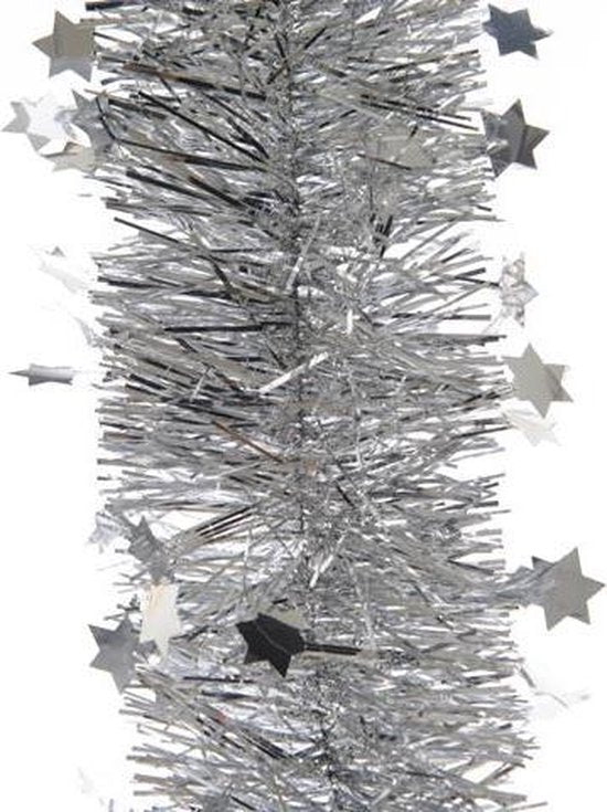 Decoris - Kerstboom Slinger met Sterren - Zilver - 270 cm - Kunststof - Lametta Glans - MBDeals.nl