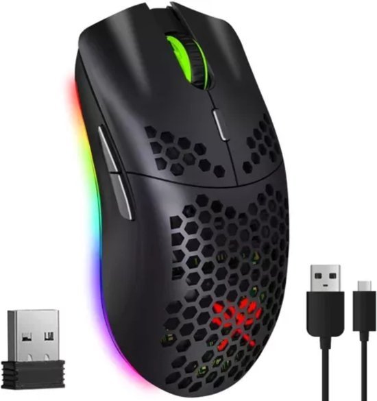Draadloze gaming muis met 2400 DPI, RGB-verlichting en oplaadbare batterij, zwart - MBDeals.nl