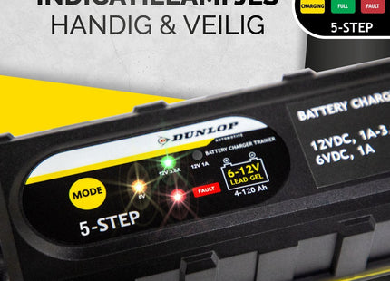 Dunlop - Accuoplader - Geschikt voor Loodzuur - , Gel - en AGM - accu's - 6V en 12V - IP65 Bescherming - LED - Display - MBDeals.nl