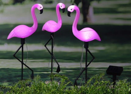 Flamingo tuinlamp op zonne-energie met 2 leds, roze, set van 3 - MBDeals.nl