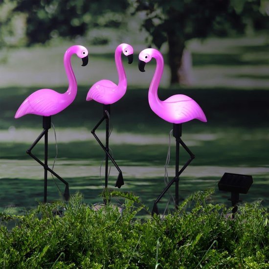 Flamingo tuinlamp op zonne-energie met 2 leds, roze, set van 3 - MBDeals.nl