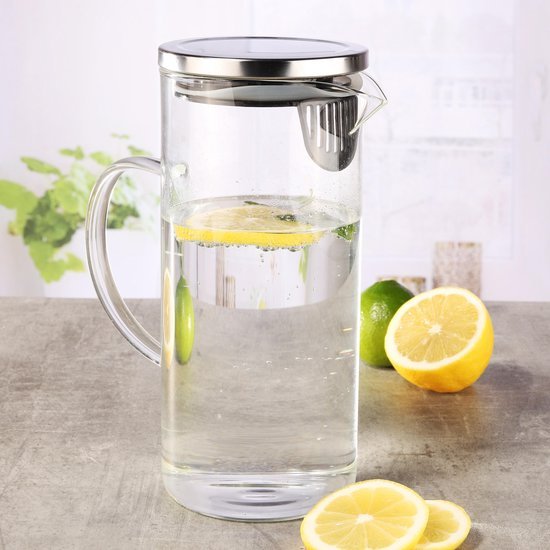Glazen waterkan 1,3 liter met rvs deksel en ingebouwde zeef