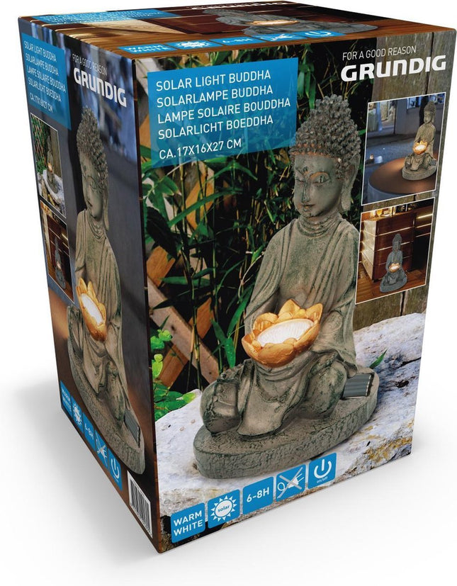 Grundig - Boeddha Beeld Solar Lamp - Gele LED - Oplaadbaar - Weerbestendig Kunsthars - MBDeals.nl