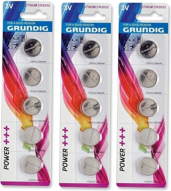 Grundig knoopcelbatterijen CR2032 3V lithium, 15 stuks in 3 pakjes - MBDeals.nl