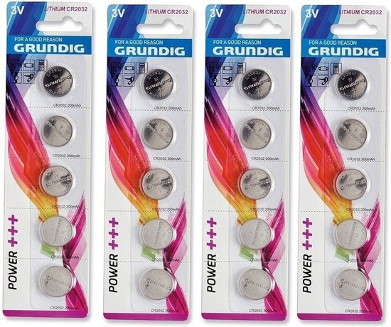 Grundig knoopcelbatterijen CR2032 3V lithium, 20 stuks in 4 pakjes - MBDeals.nl