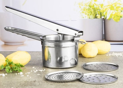 Haushalt aardappelpers roestvrij staal met 3 verwisselbare schijven - MBDeals.nl