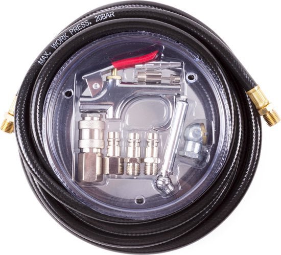 Hofftech luchtslang 8 meter, 10-delige set met blaaspistool en bandendrukmeter - MBDeals.nl