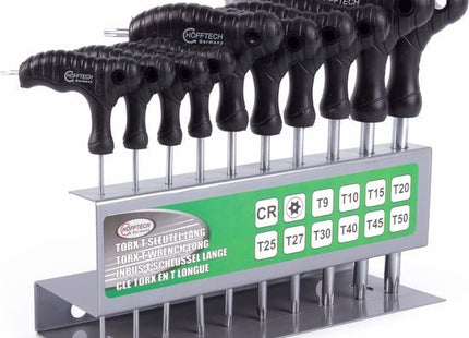 Hofftech torxsleutel set met T-greep, 10-delig, T9 t/m T50 en opbergrek - MBDeals.nl