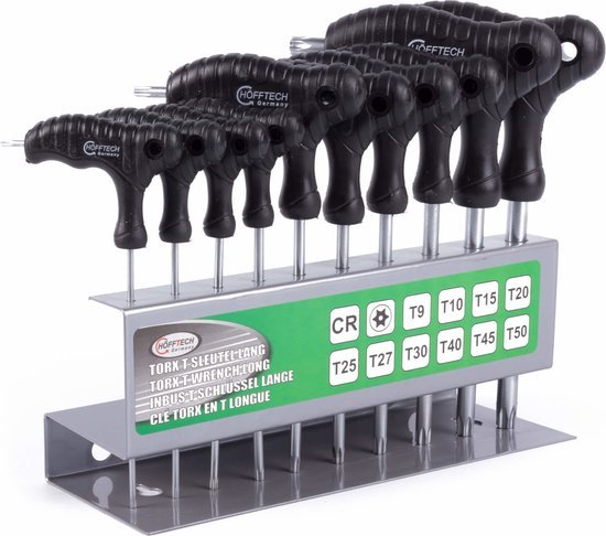 Hofftech torxsleutel set met T-greep, 10-delig, T9 t/m T50 en opbergrek - MBDeals.nl