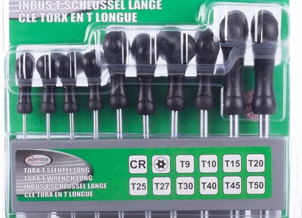 Hofftech torxsleutel set met T-greep, 10-delig, T9 t/m T50 en opbergrek - MBDeals.nl