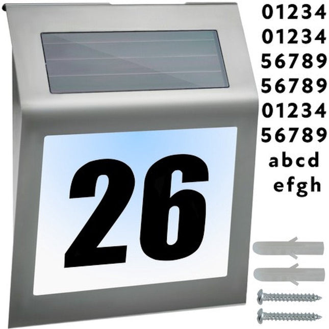 Izoxis - Zonne - energie Huisnummer - Roestvrij Staal - Inclusief Montageset - Cijfers en Letters Stickers Inbegrepen - MBDeals.nl