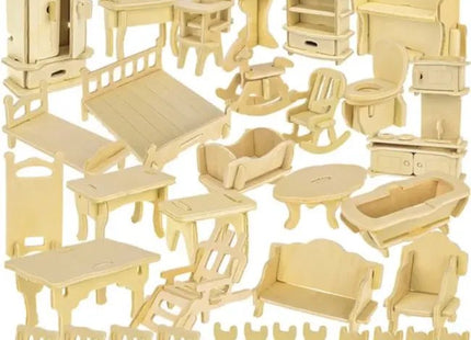 Kruzzel - Mebelset Poppenhuis - 34 - Delige Set - Duurzaam Hout - Inclusief Schuurpapier en Instructies - MBDeals.nl