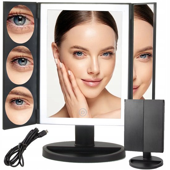 Make up spiegel met LED verlichting en 3x, 5x en 10x vergroting, zwart