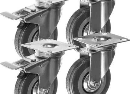 Malatec - Zwenkwielen - 4 Stuks met Rem - Rubber en Verzinkt Staal - Maximale Belasting 220 Kg - MBDeals.nl