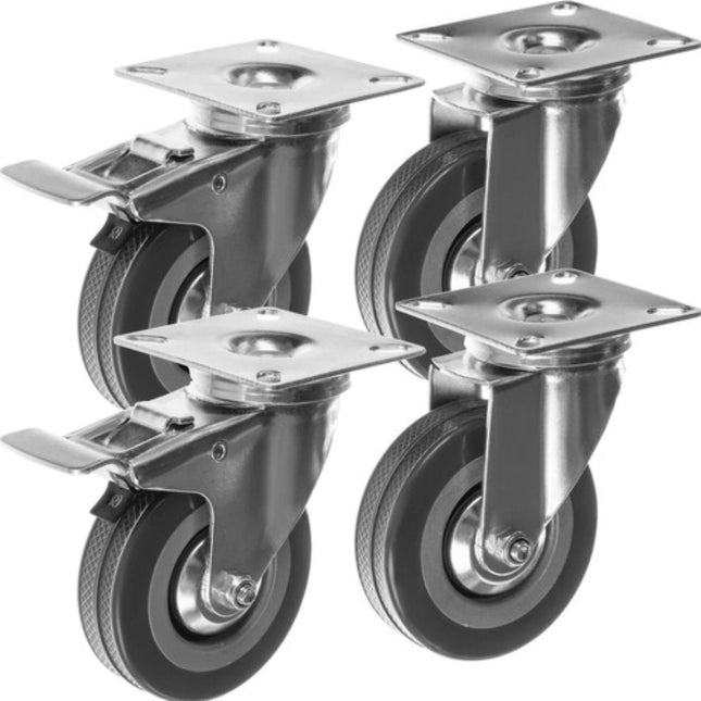 Malatec - Zwenkwielen - 4 Stuks met Rem - Rubber en Verzinkt Staal - Maximale Belasting 220 Kg - MBDeals.nl