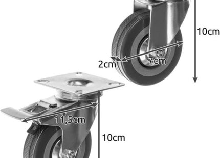 Malatec - Zwenkwielen - 4 Stuks met Rem - Rubber en Verzinkt Staal - Maximale Belasting 220 Kg - MBDeals.nl