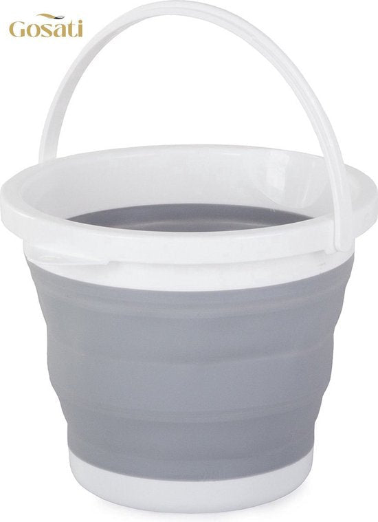 Opvouwbare emmer 5 liter van siliconen met inklapbaar handvat in grijs en wit