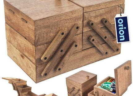Orion houten naaikist van mangohout, uitklapbaar met 5 vakken, 30,5 x 18 x 21 cm - MBDeals.nl