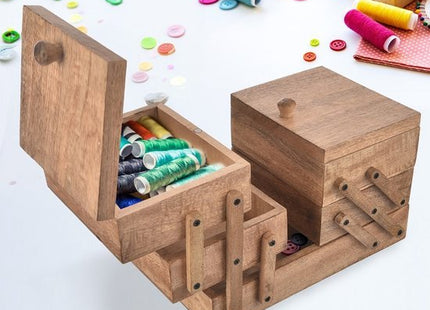Orion houten naaikist van mangohout, uitklapbaar met 5 vakken, 30,5 x 18 x 21 cm - MBDeals.nl