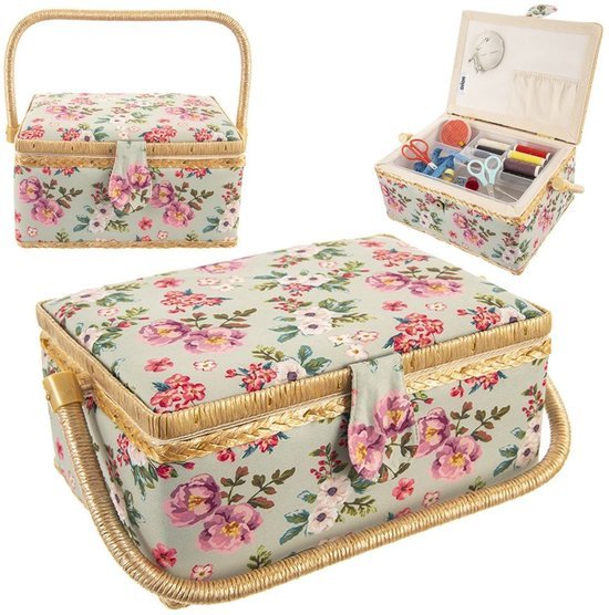 Orion naaikist met bloemenmotief en magnetische sluiting, groen, 24,5 x 18,5 cm - MBDeals.nl