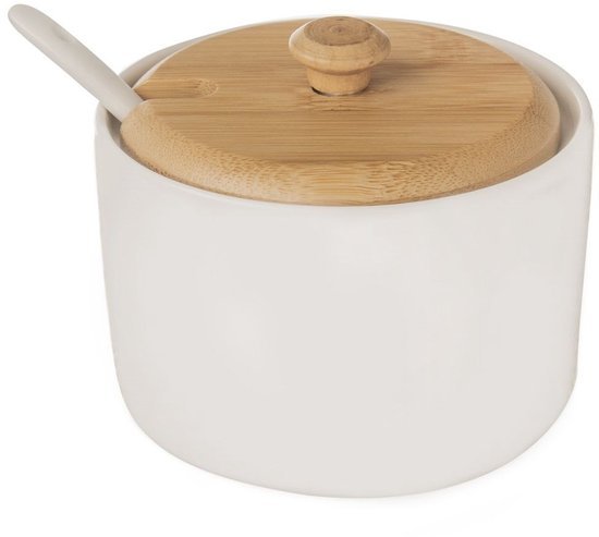 Orion porseleinen suikerpot WhiteLine met bamboe deksel en lepel, 240 ml, wit - MBDeals.nl