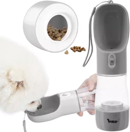 Purlov drinkfles voor honden met kom en voervak (200 ml water, wit)