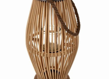 Rotan lantaarn van bamboe 40 cm met glazen kaarshouder en touwhengsel - MBDeals.nl